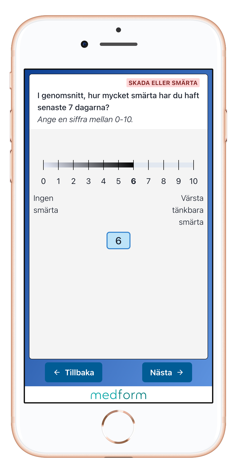 Mobilvy av Medform-formulär för smärta