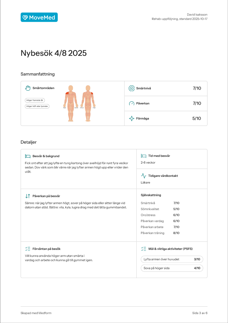 Utskriftsliknande rehabrapport med frågesvar